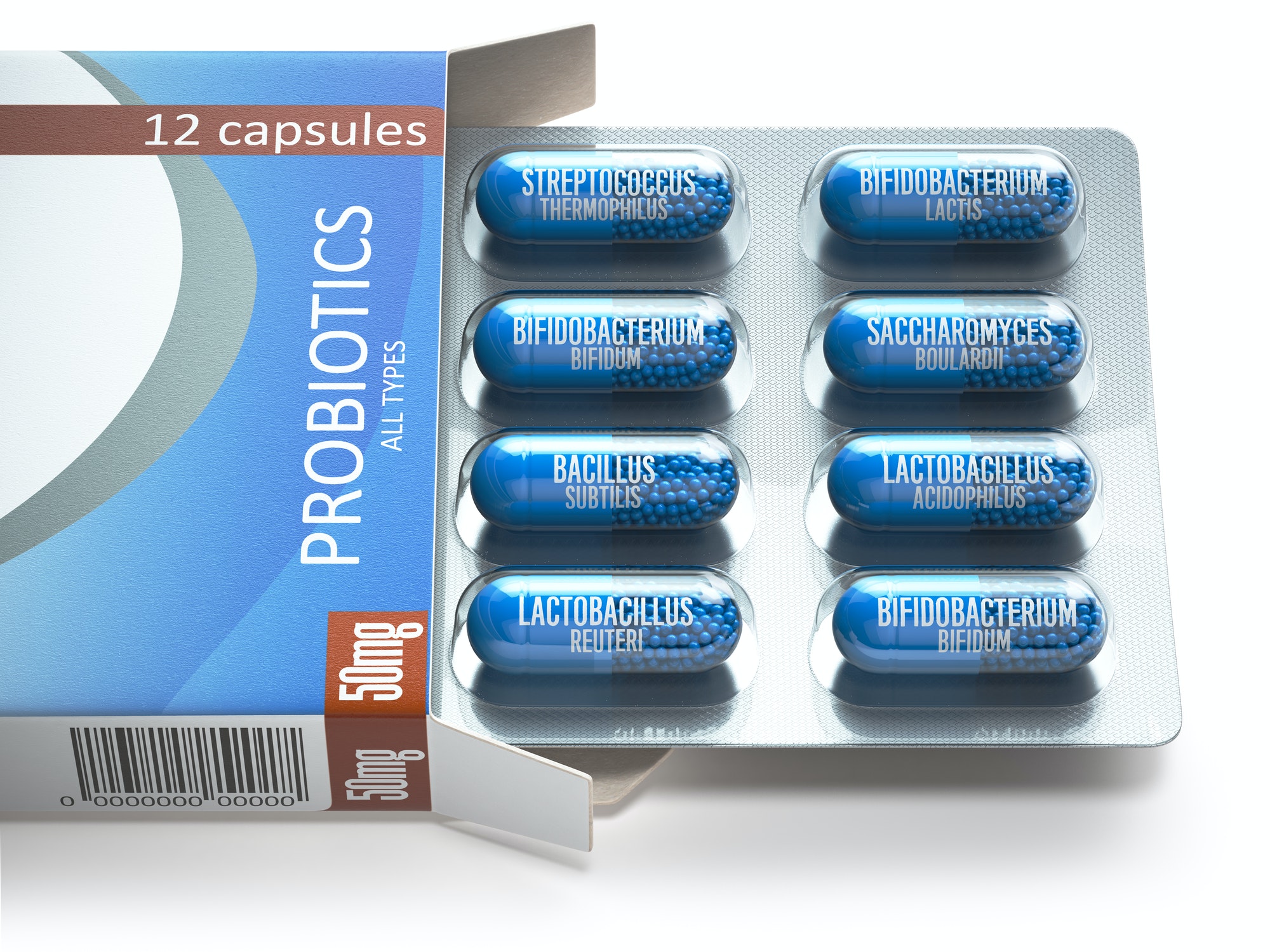 Probiotics. Blister box with all types of probiotics capsules. P